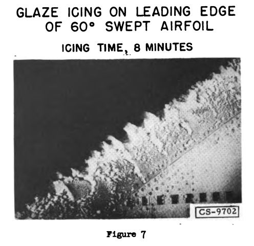 Figure 7. Glaze ice on leading edge of 60° swept airfoil.