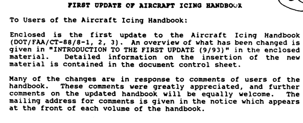 FIRST UPDATE OF AIRCRAFT ICING HANDBOOK.