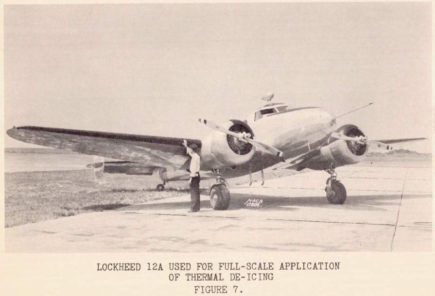 Figure 7 of Rodert, NACA Conference on Aircraft Ice Prevention. Lockheed 12A used for full-scale application of thermal de-icing.