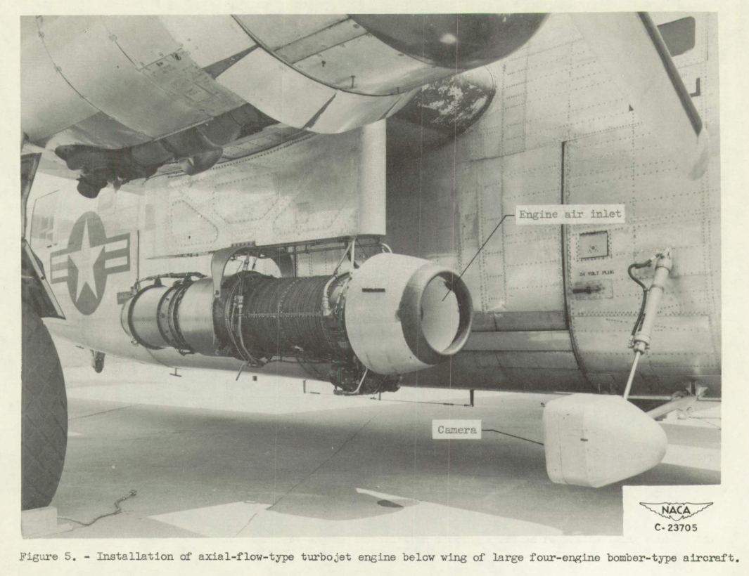 Figure 5. Installation of axial-flow-type turbojet engine below wing of large four-engine bomber-type aircraft.