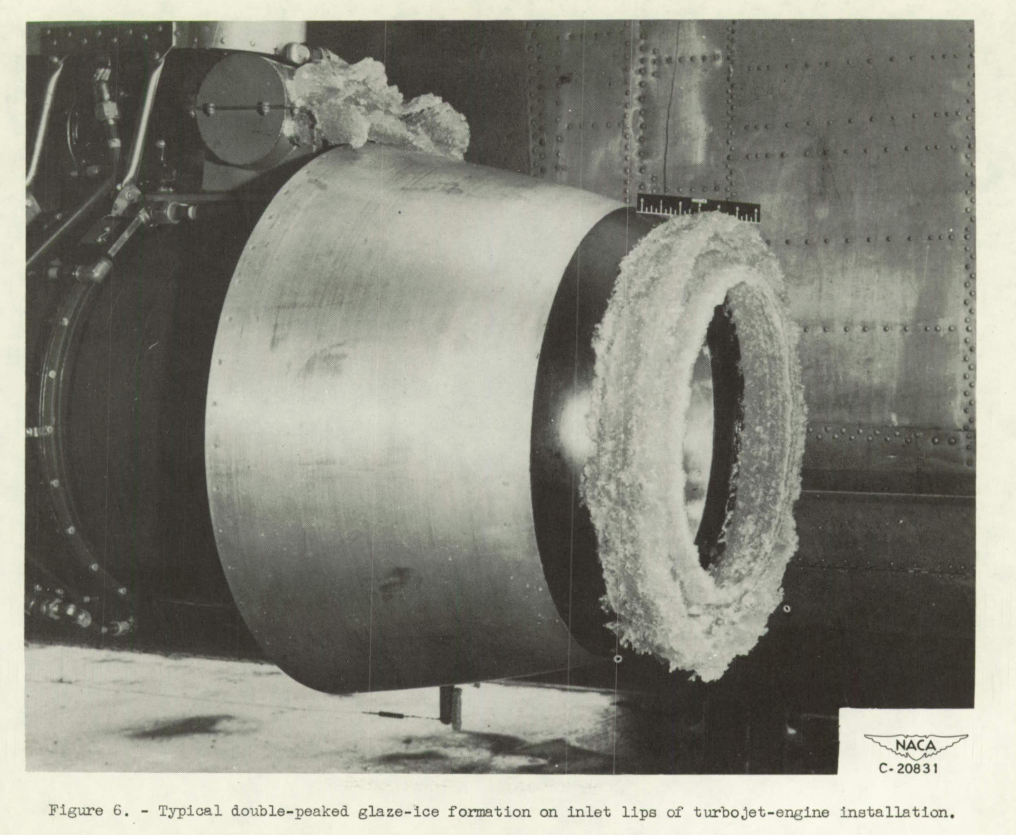 Figure 6. Typical double-peaked glaze-ice formation on inlet lips of turbojet-engine installation.