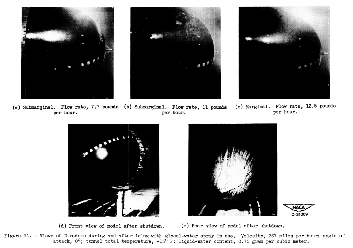 Figure 24. Views of the D-radome during and after icing with glycol-water spray in use. 
