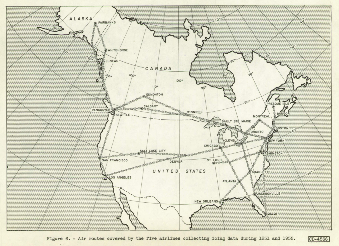 Figure 6. Air routes covered by the five airlines collecting icing data during 1951 and 1952.