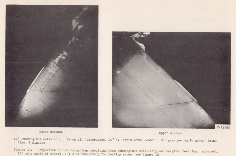 Figure 16. Comparison of ice formations resulting from submarginal anti-icing and marginal de-icing.
260 mph; angle of attack, 4°; slat retracted; for heating rates, see figure 15.