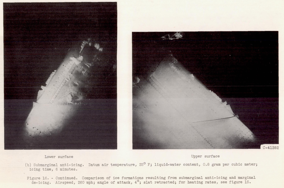 Figure 16b. Comparison of ice formations resulting from submarginal anti-icing and marginal de-icing.
260 mph; angle of attack, 4°; slat retracted; for heating rates, see figure 15.