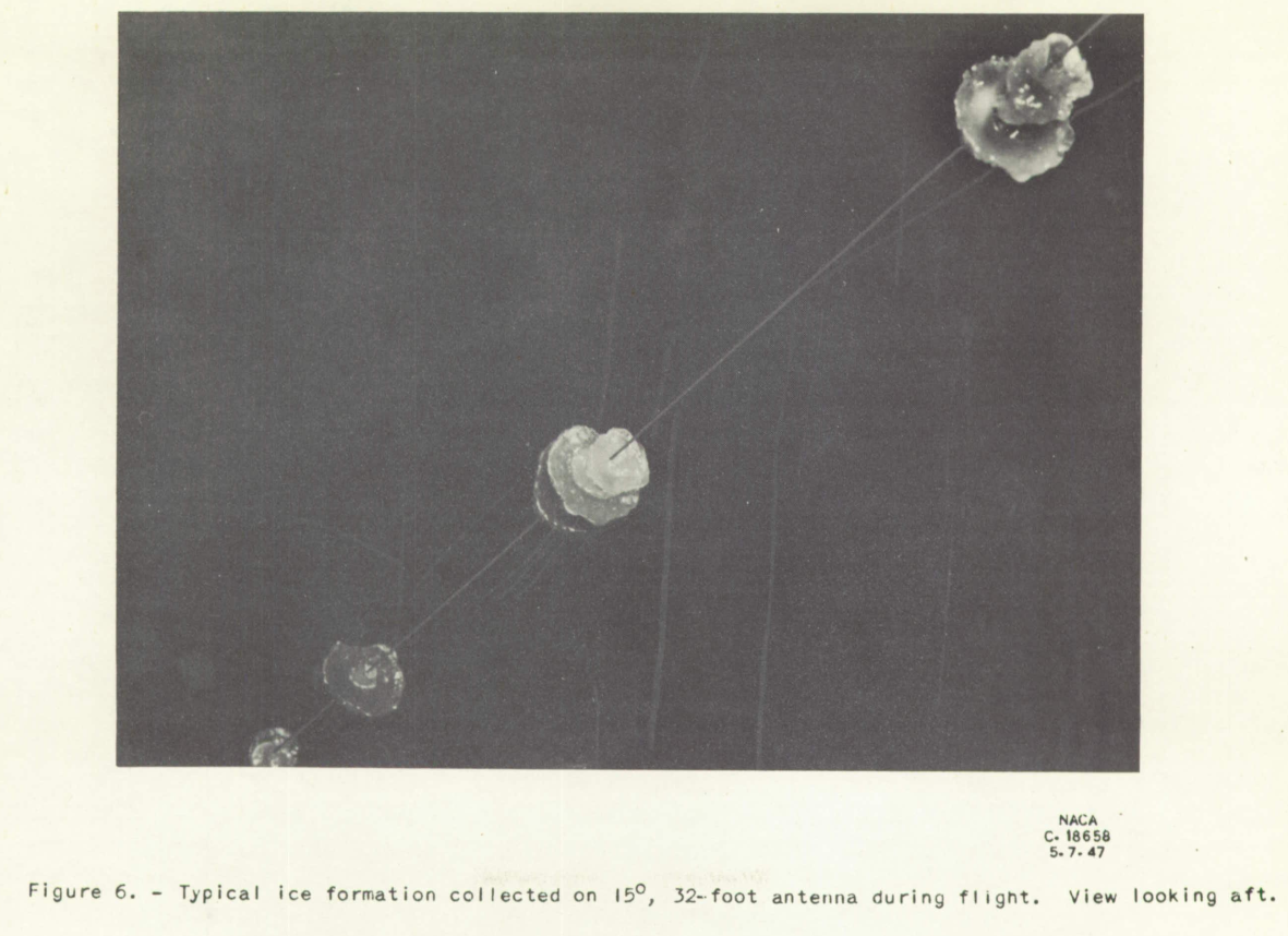 Figure 6. Typical ice formation collected on 15°, 32-foot antenna during flight. View looking aft.