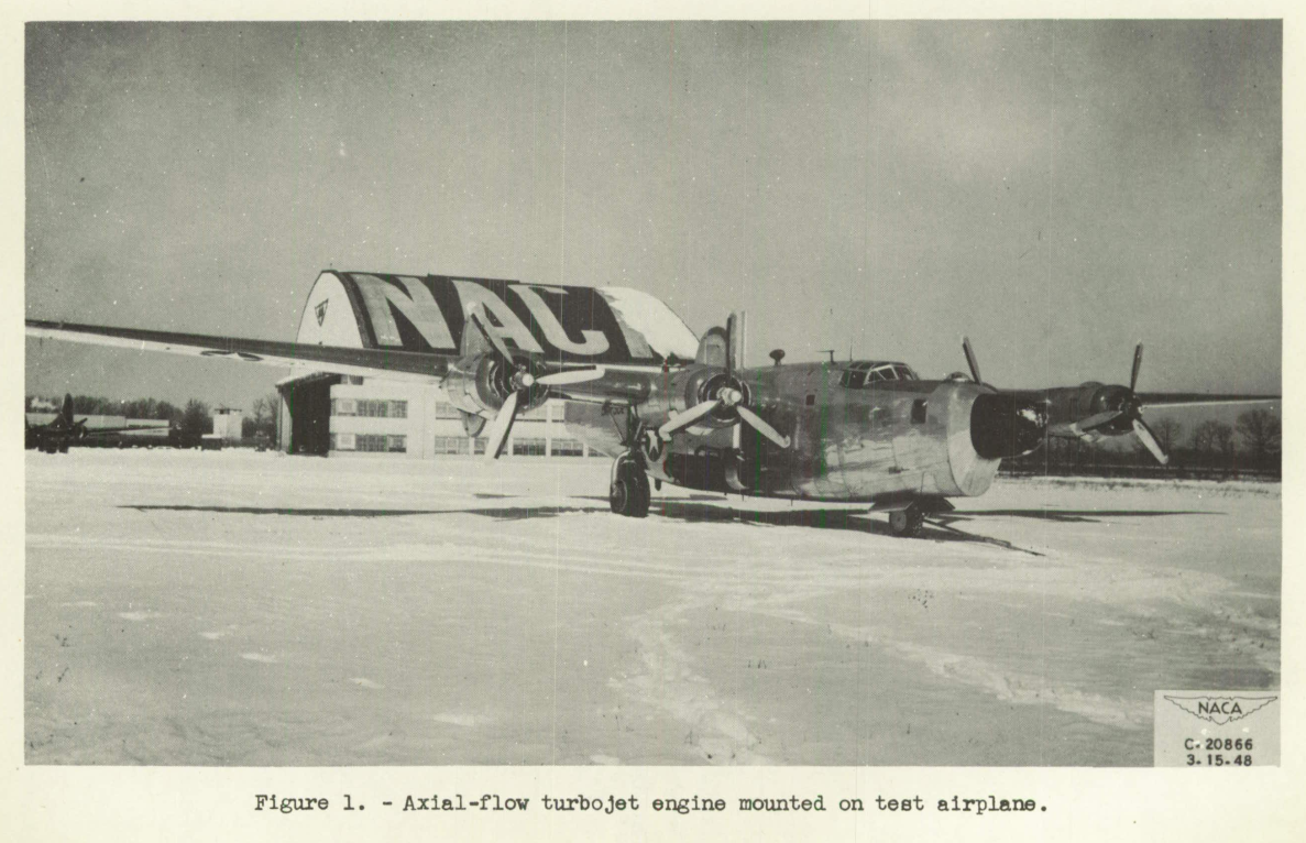 Figure 1. Axial-flow turbojet engine mounted on test airplane.