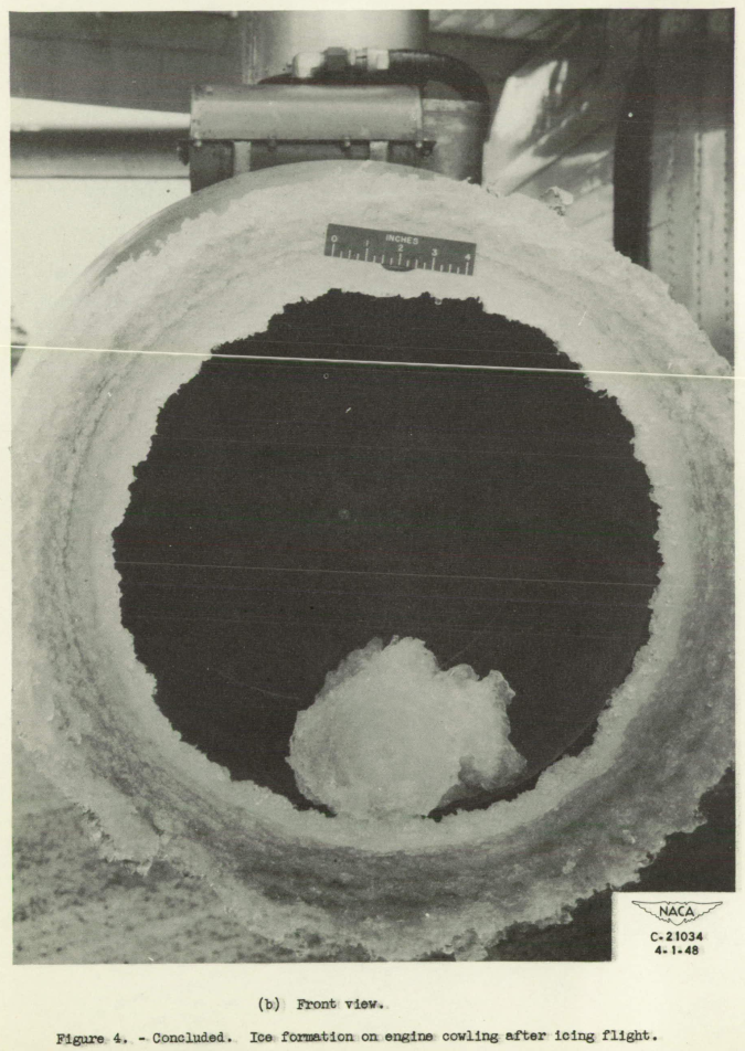 Figure 4b. Ice formation on engine cowling after icing flight. Front view.