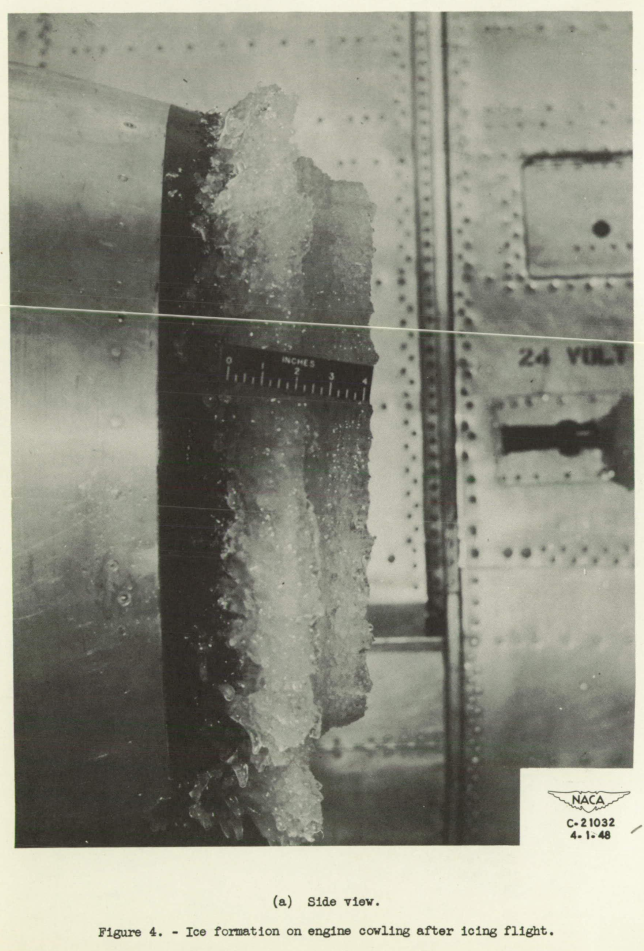 Figure 4a. Ice formation on engine cowling after icing flight. Side view, the ice is about 4 inch thick in the inlet leading edge.