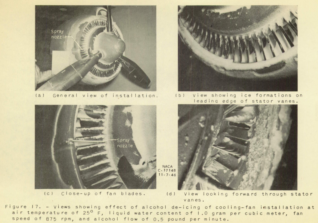 Figure 17. Views showing effect of alcohol de-icing of cooling-fan installation 
at air temperature of 25 F, liquid-water content of 1.0 gram per cubic meter, 
fan speed of 875 rpm, and alcohol flow rate of 0.5 pounds per minute.