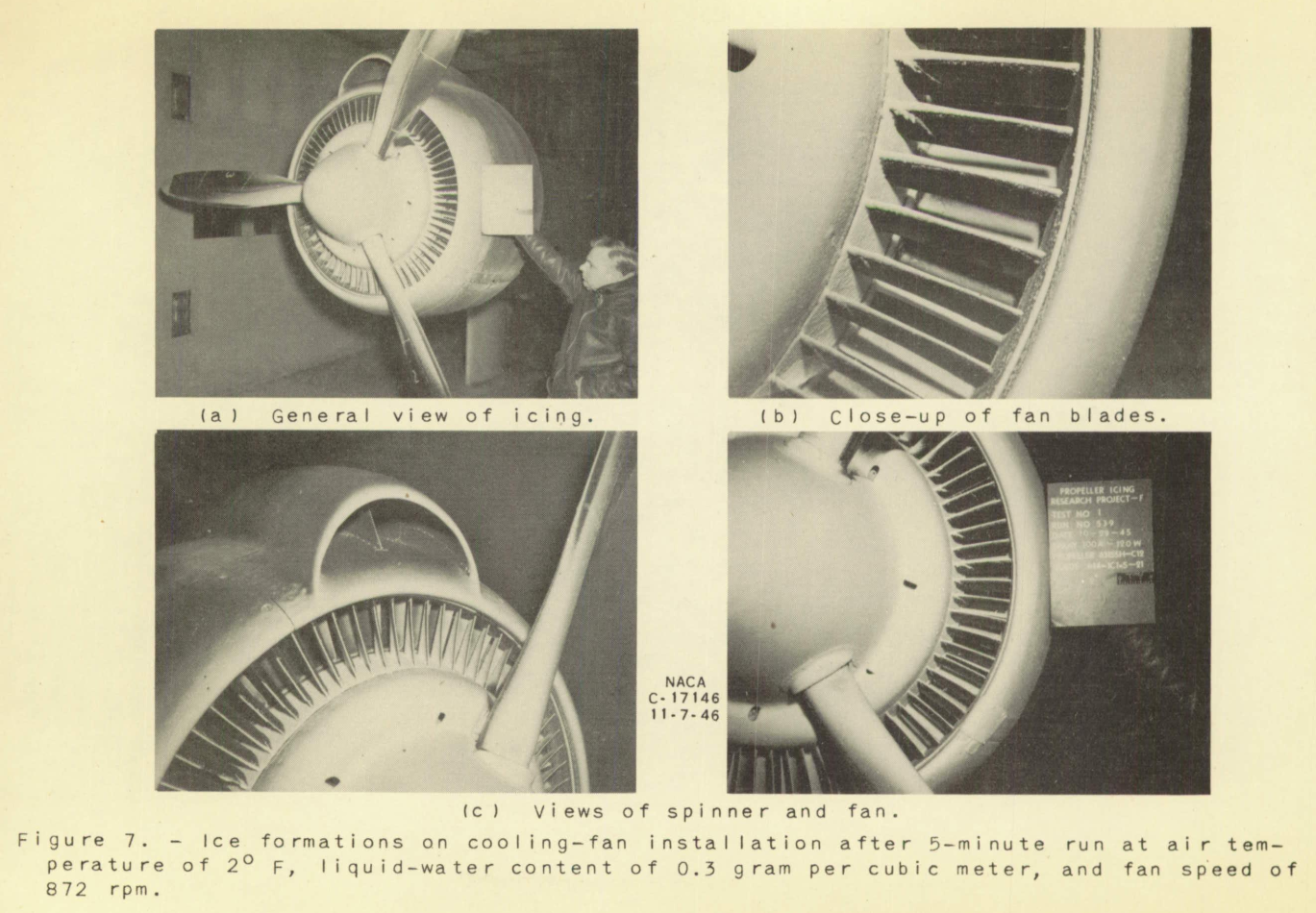 Figure 7. Ice formations on the cooling-fan installation after 
5-minute run at air temperature of 2 F, liquid-water content of 0.3 gram per cubic meter, 
and fan speed of 872 rpm.