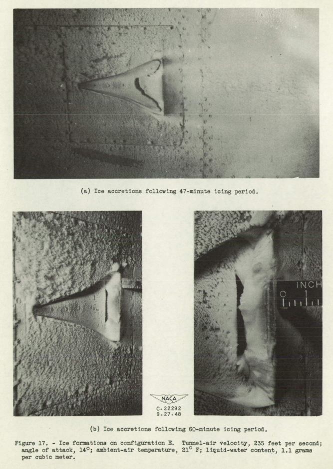 Figure 17. Ice formations on configuration E. 
Tunnel-air velocity, 235 feet per second:
angle of attack, 14 degree; ambient-air temperature, 21 F;
liquid-water content, 1.1 grams per cubic meter.
