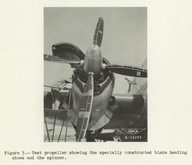 Figure 3. Test propeller showing the specially constructed blade heating shoes and the spinner.