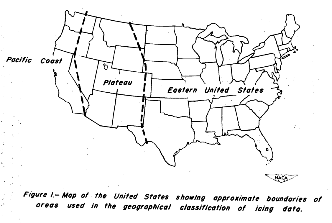 Figure 1. Map of the United States showing approximate 
boundaries of areas used in the goegraphical classifications 
of icing data.