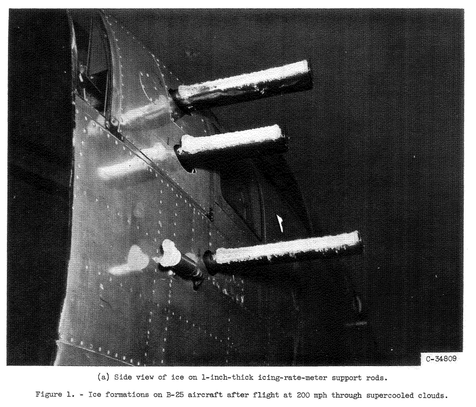 Figure 1a. Ice formation on B-25 aircraft after flight at 200 mph through supercooled clouds. 
(a) Side view of ice on 1 inch thick icing-rate-meter support rods.