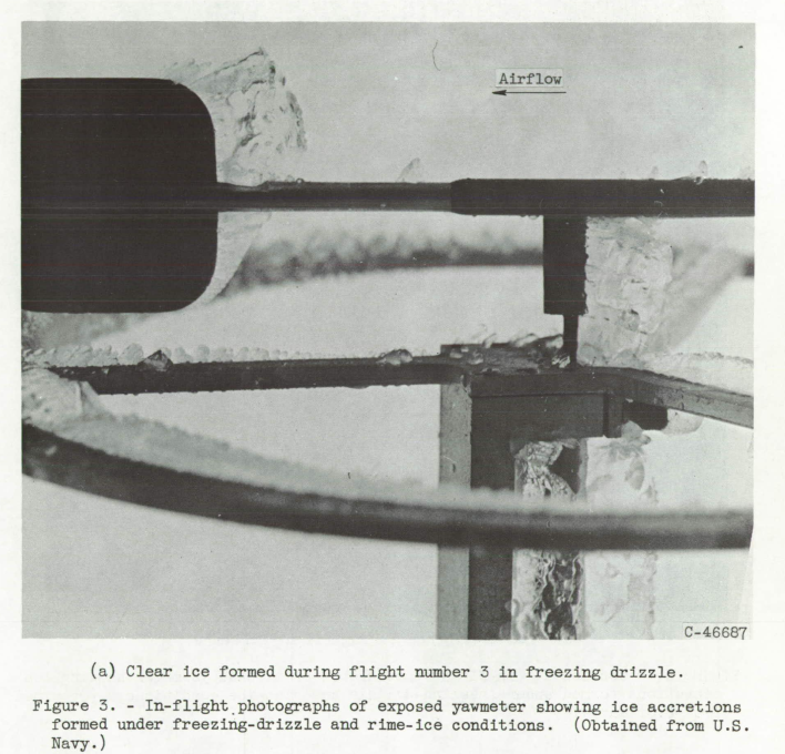Figure 3A. In-flight photographs of exposed yawmeter showing ice accretions formed under freezing-drizzle and rime-ice conditions. (Obtained from U.S. Navy.)
(a) Clear ice formed during flight number 3 in freezing drizzle.