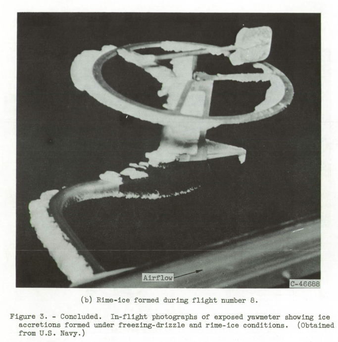 Figure 3b. n-flight photographs of exposed yawmeter showing ice accretions formed under freezing-drizzle and rime-ice conditions. (Obtained from U.S. Navy.)
(b) Rime-ice formed during flight number 8.