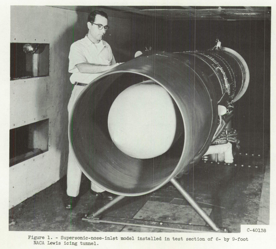 Figure 1. Supersonic-nose-inlet model installed in the test section of the 6- by 9-foot NACA Lewis icing tunnel.