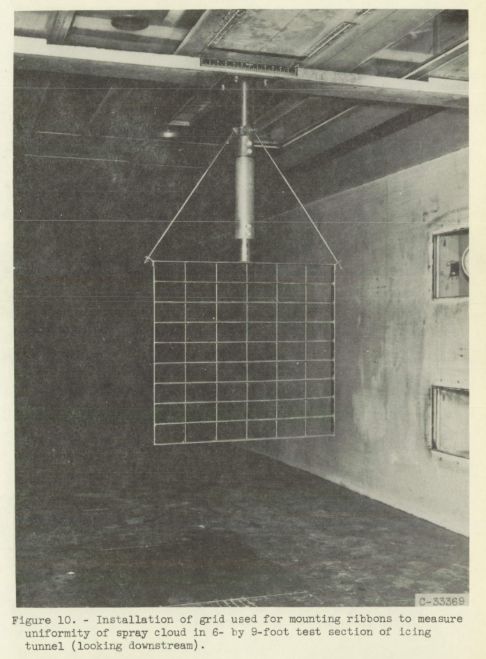 Figure 10 of NACA-TN-3338. Installation of grid uses for mounting ribbons to measure uniformity of spray cloud in 6- by 9-foot test section of icing tunnel (looking downstream).