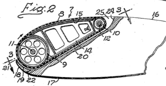 Figure 2. A cross-section view of a wing leading edge that has a flexible belt covering part of the upper surface, and returning through the airfoil. Two pulleys guide the belt at the ends.