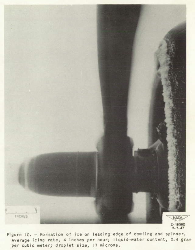 Figure 10. Formation of ice on the cowling. 
Average icing rate, 4 inches per hour; liquid-water content, 
0.4 grams per cubic meter; drop size, 17 microns.
