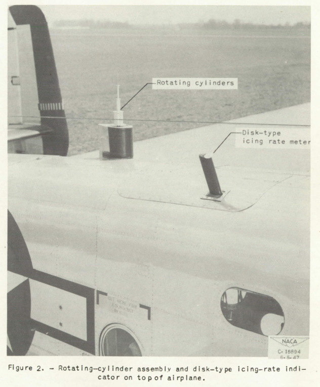 Figure 2. Rotating cylinder assembly and disk-type icing 
rate indicator on top of airplane.