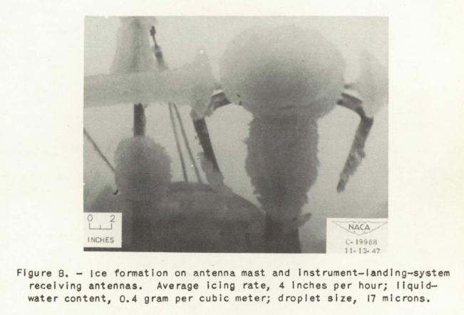 Figure 8. Formation of ice on the antenna mast and instrument-landing-system 
receiving antennas. Average icing rate, 4 inches per hour; liquid-water content, 
0.4 grams per cubic meter; drop size, 17 microns.