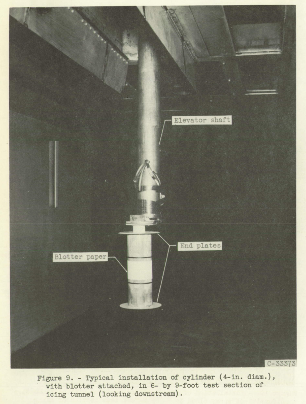 Figure 9. Typical installation of cylinder (4-inch diameter), 
with blotter paper attached, in 6- by 9-foot test section of 
icing research tunnel (looking downstream).