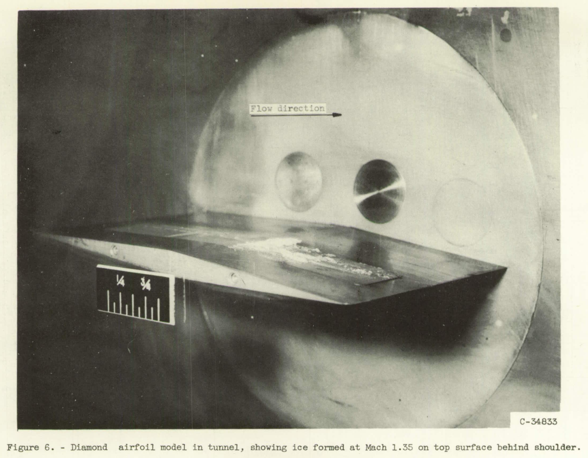 Figure 6. Diamond airfoil model in tunnel, 
showing ice formed at Mach 1.35 on top surface behind shoulder.
