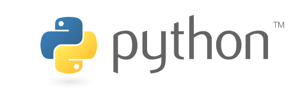 Python programming logo. Two stylized, interlocking snakes with the word python.